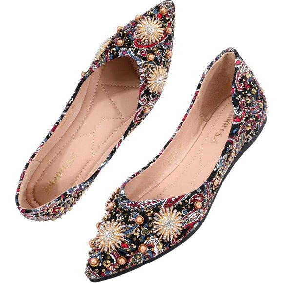 🆕Women's Flats Shoes Red Fabric Rhinestone Pointed Toe Comfort Bowknot Ballet - Picture 2 of 8